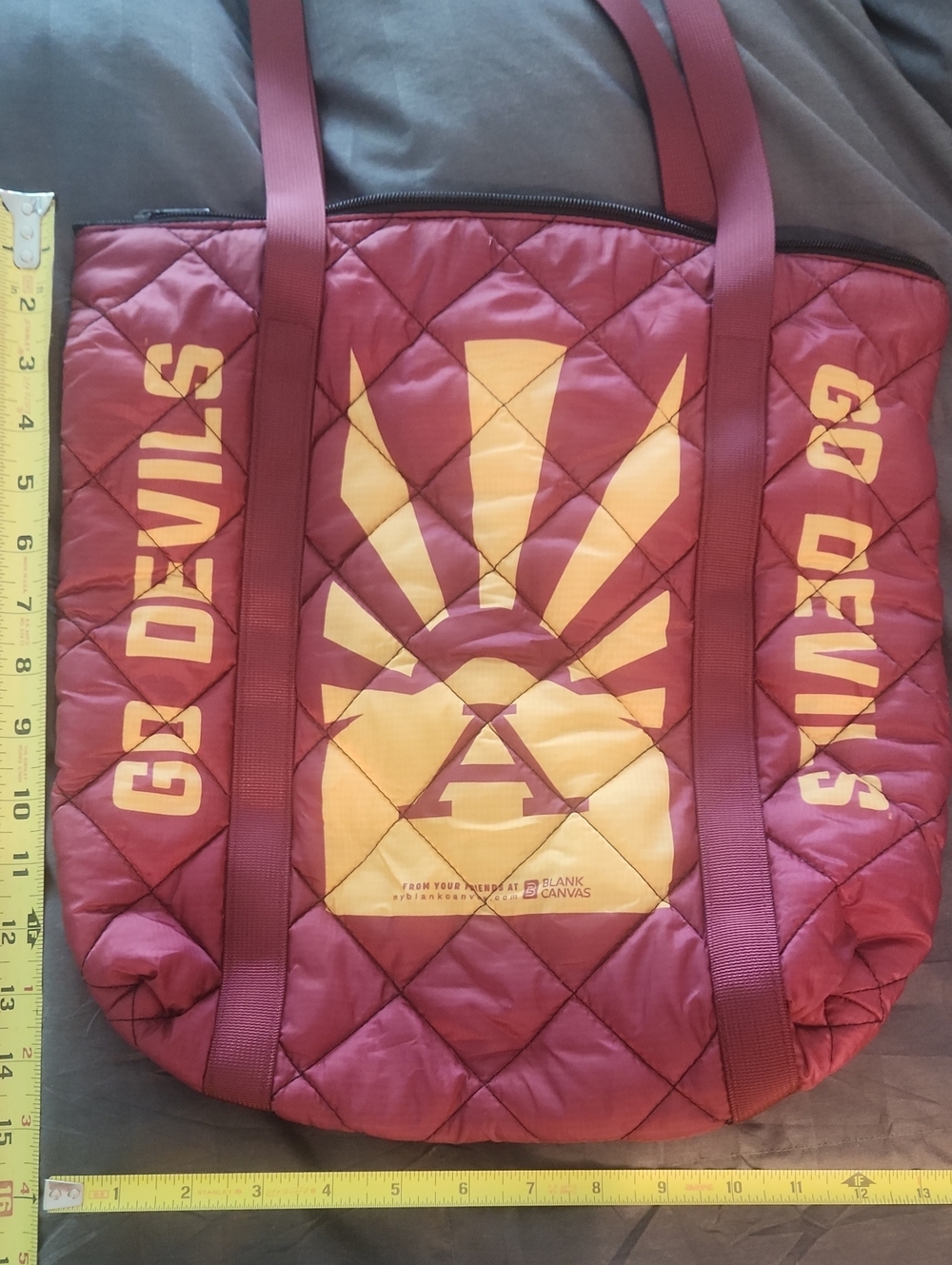 Maroon Quilted Tote Bag with Gold 'Go Devils' Graphic